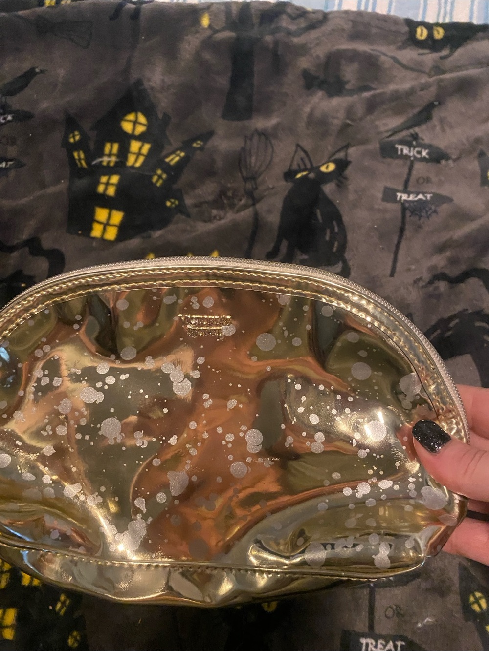 Victoria's Secret Gold Metallic Cosmetic Pouch with Silver Splatter